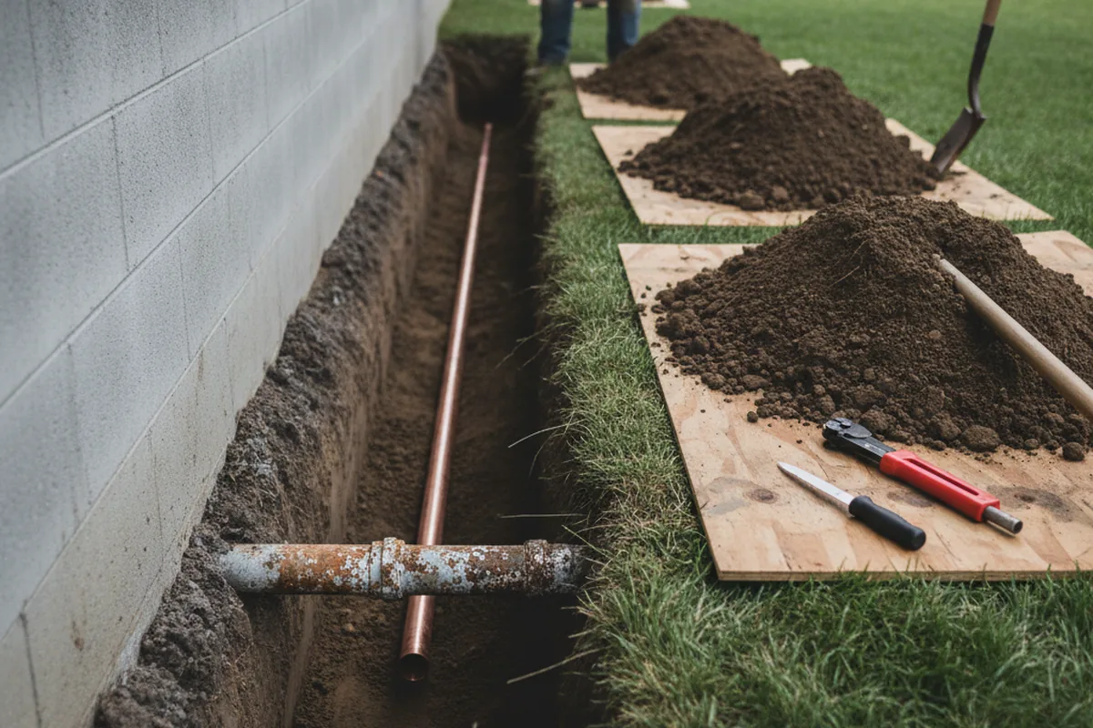 Excavated water line trench during Sewer Line Repair in Wilmore